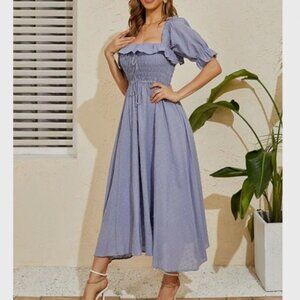 R.YIposha Blue Cottagecore Maxi Dress 8/10 Puff Sleeve On/Off Shoulder Smocked